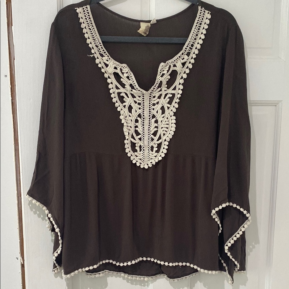 Boho Crochet Embellished Olive/Cream Top, M